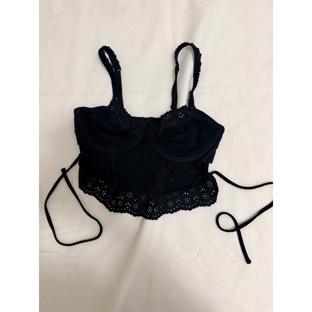 Colsie Black Ribbed Bustier Crop Top Eyelet Lace Trim Tie Back Womens Medium